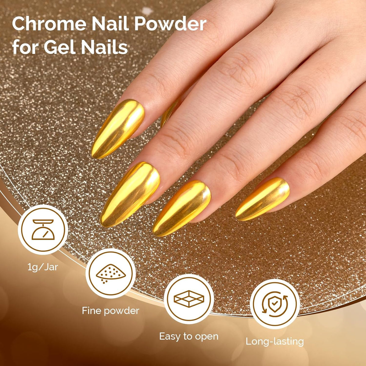 MelodySusie Gold Chrome Nail Powder for Gel Nails,Metallic Mirror Effect Pigment Stylish and Technological Fine Glitter for Home DIY Salon Use