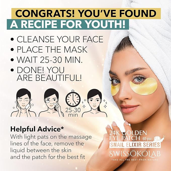 SWISSÖKOLAB Under Eye Patches For Puffy Eyes 24k Gold Eye Mask Dark Circles And Puffiness Collagen Eye Gel Pads Moisturizing & Reducing Wrinkles Anti-Aging Hyaluronic Acid (Snail Series)