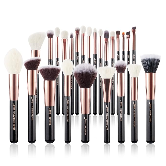 Jessup Brand 25pcs Professional Makeup Brush Set Beauty Cosmetic Foundation Powder Blusher Eyeshadow Blending Natural-Synthetic Hair Brushes Set (Black/Rose Gold)