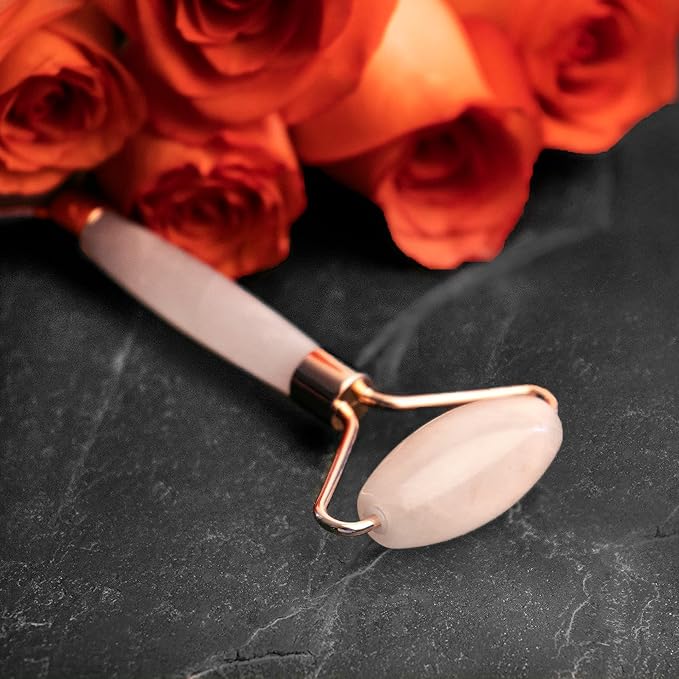 Rose Quartz Roller for Face - Facial Massage Tool for Natural Beauty Skin Care - Pink Face Roller Reduces Dark Eye Circles and Puffiness with 100% Authentic Quartz Crystal