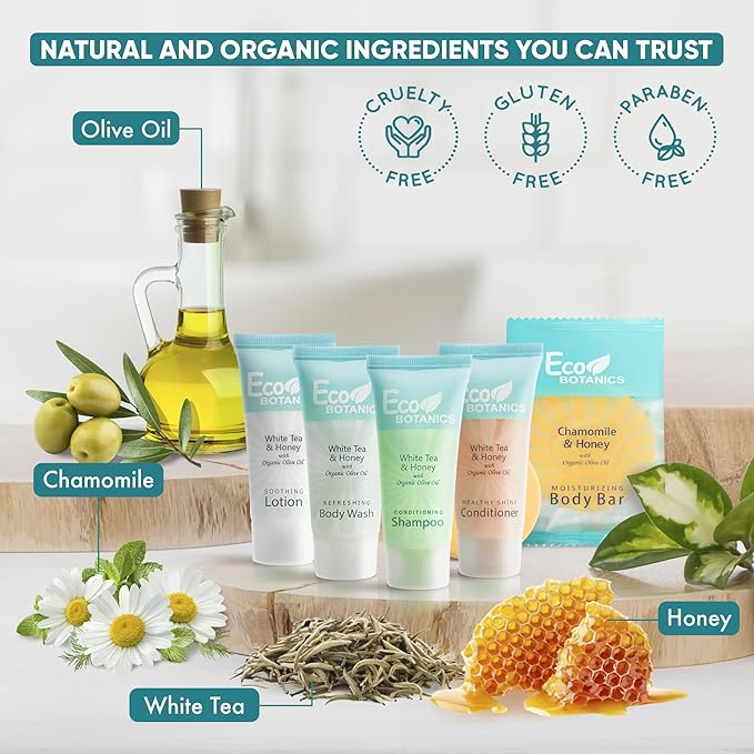 Eco Botanics Hotel Soaps & Toiletries Bulk Set | 0.85oz Hotel Shampoo & Conditioner, Body Wash, Body Lotion & Bar Soap Travel Size | Half Pallet, 36 cases with 300 units each - 10,800 pieces