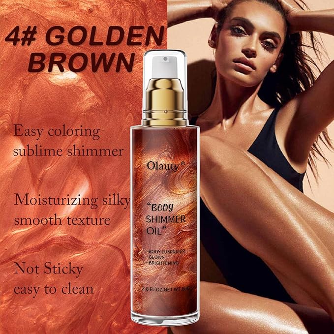 Shimmer Body Oil, Highlighter Makeup Smooth Glitter Glow Liquid Foundation for Face & Body,Liquid Illuminator Body Shimmer Lotion for Women (4# Golden Brown)