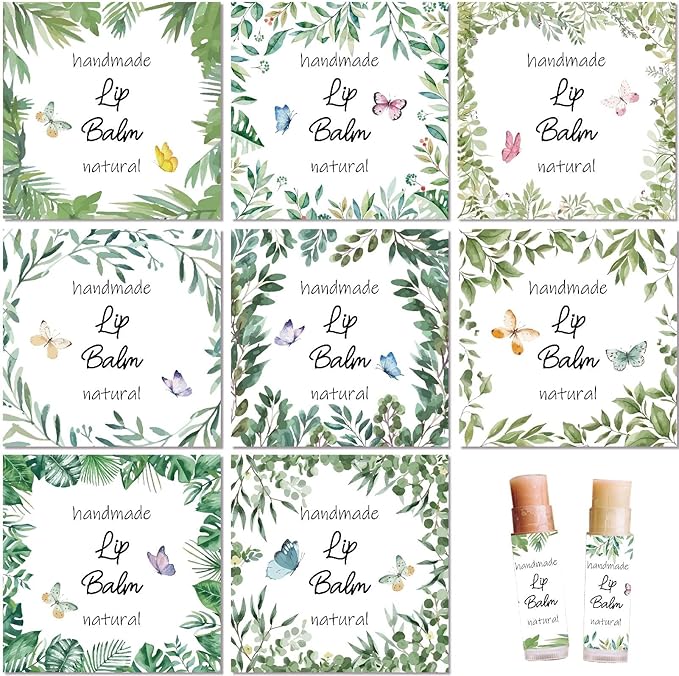 CRASPIRE 80Pcs 8 Styles Lip Balm Sticker Plant Butterfly Self-Adhesive Homemade Lip Balm Labels Vintage Square DIY Plant Label Stickers for Lip Balm Containers Cosmetics Lipsticks