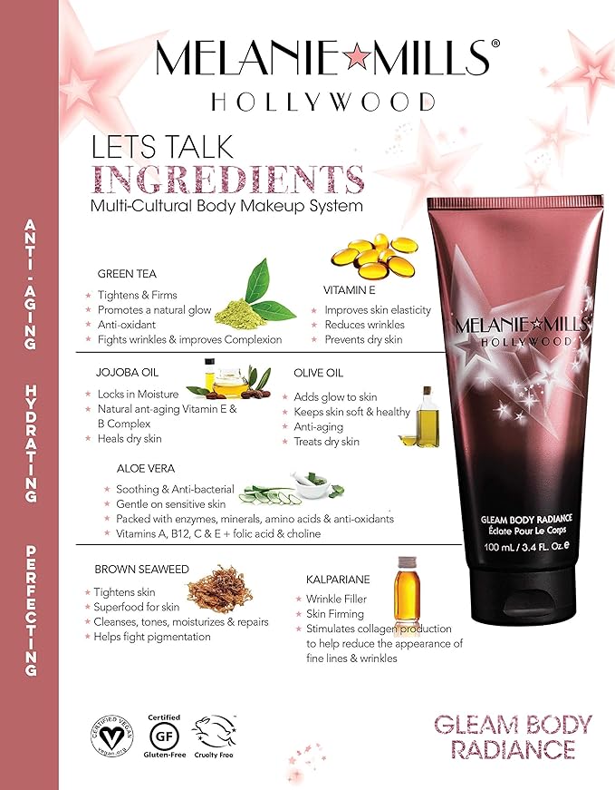 Melanie Mills Hollywood Gleam Body Radiance All In One Makeup, Moisturizer & Glow For Face & Body - Peach Deluxe, Mini 1 fl.oz.