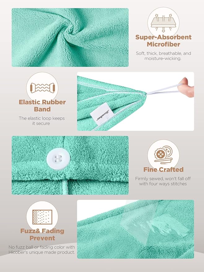 Hicober Microfiber Hair Towel, 3 Packs Hair Turbans for Wet Hair, Drying Hair Wrap Towels for Curly Hair Women Anti Frizz (Pink,Purple,Green)