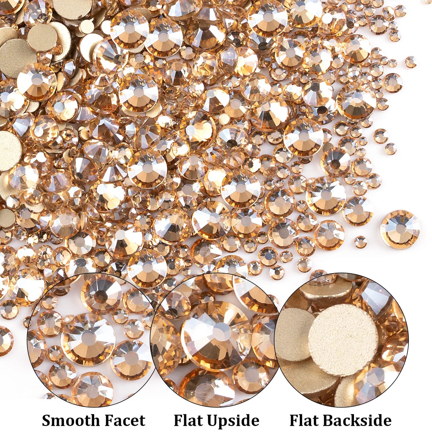 One Pack 2000 Pcs of Flatback Round Champagne Rhinestones 6 Sizes (1.5-6 mm) with Nail Art Rhinestone Picker Pencil and Tweezer for DIY and Salon Use