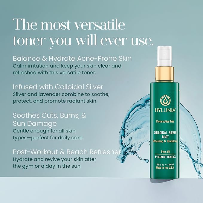 Hylunia Colloidal Silver Mist Toner 5.1 fl. oz. – Hydrating Versatile Toner for Acne-Prone Inflamed Skin | Infused with Colloidal Silver & Lavender for Glowing Skin Cuts & Burns, Body-Refresher