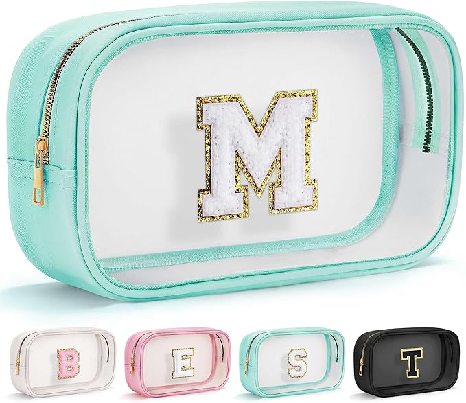 YOOLIFE Initial Make Up Bag Travel Toiletry Bag, Clear Makeup Bags Preppy Cosmetic Bags Organizer Travel Essentials Gifts for Women Teen Girlfriend Teacher Mom Birthday Girl Gift Makeup Case Blue M