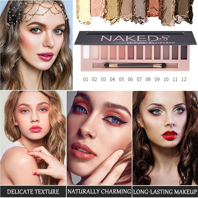 2 Pcs 12 Colors Eye Shadow Palette,Nude Matte Smokey Shimmer Glitter Eyeshadow Palette,Blendable Rich Colors,Waterproof Beauty Makeup Palette Kit with Double-Ended Makeup Brush(A+B)