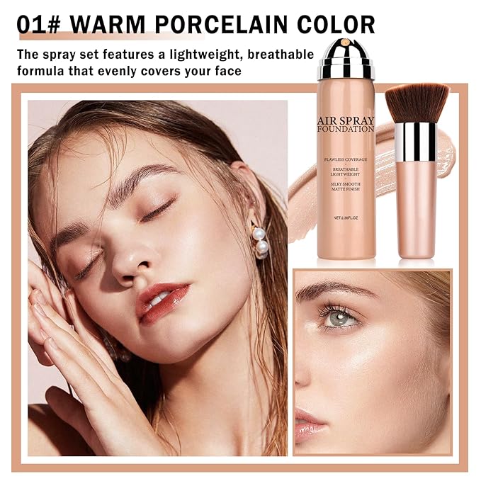 Airbrush Foundation Makeup Spray Silky Lightweight Full Coverage Foundation Face Air Cushion Foundation Set with Soft Makeup Brush - Natural Color