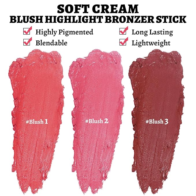 Face Stick Trio 3Pcs Multi-Use Makeup Blush Sticks, Buildable Blendable Lightweight Cream Blush Stick for Cheeks Make Up For Women 3-in-1 Blusher and Lip Makeup Sticks (04)