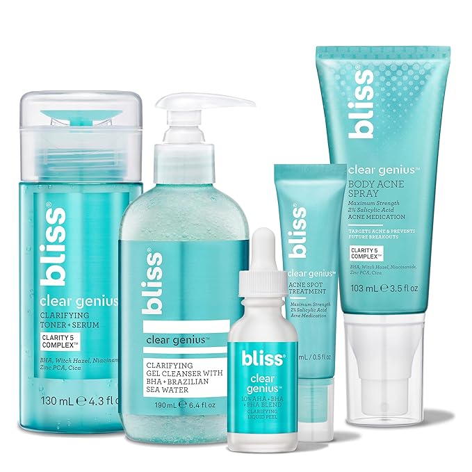 Bliss Acne-Prone Skin Bundle - Clear Genius Toner, Body Spray, Spot Treatment BHA Salicylic Acid and Clarifying Peel & Cleanser