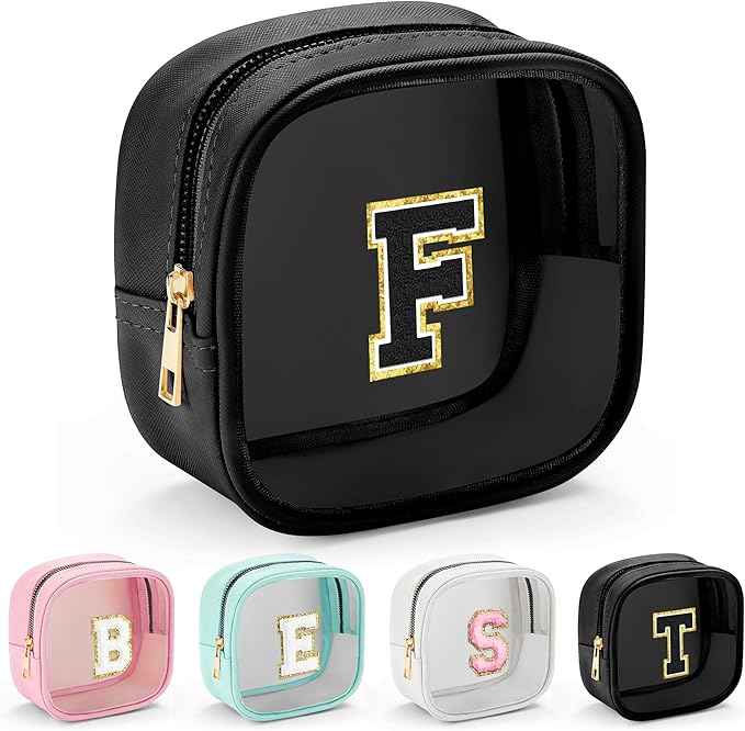 YOOLIFE Initial Makeup Bag Travel Toiletry Bag, Clear Makeup Bag Car Accessories For Women Clear Makeup Bags With Zipper Girlfriend Teacher 13 Year Old Girl Gifts Daughter Girl Gifts Mini Black F