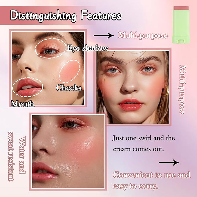Cream Blush Stick for Cheeks,Blendable Multi-use Blush Makeup Stick for Cheek Eyes Lips Blusher