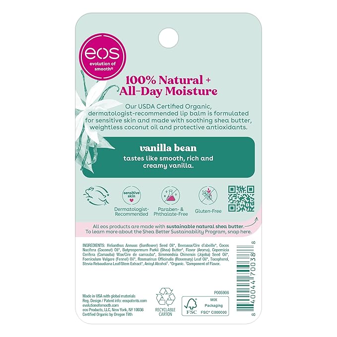 eos 100% Natural & Organic Lip Balm Sphere- Vanilla Bean, All-day Moisture, Dermatologist Recommended for Sensitive Skin, Lip Care Products, 0.25 oz