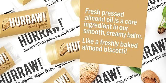 Hurraw! Almond Lip Balm, 3 Pack: Organic, Certified Vegan, Cruelty and Gluten Free. Non-GMO, 100% Natural Ingredients. Bee, Shea, Soy and Palm Free. Made in USA