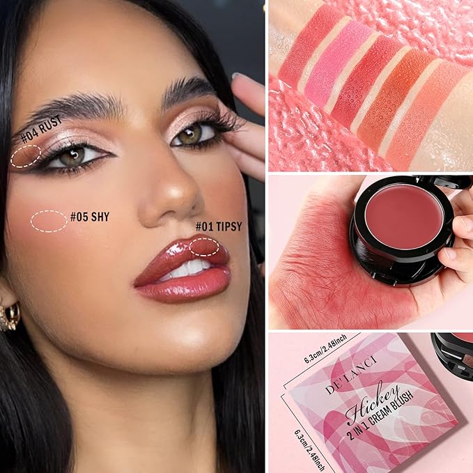 DE'LANCI Hydrating Cream Blush for Cheeks & Lips & Eyeshadow, Creamy & Long-lasting Waterproof Blush Balm, Lightweight Matte Blush for natural look, Travel Size, Highly Pigmented, Built-in Brush, Wine