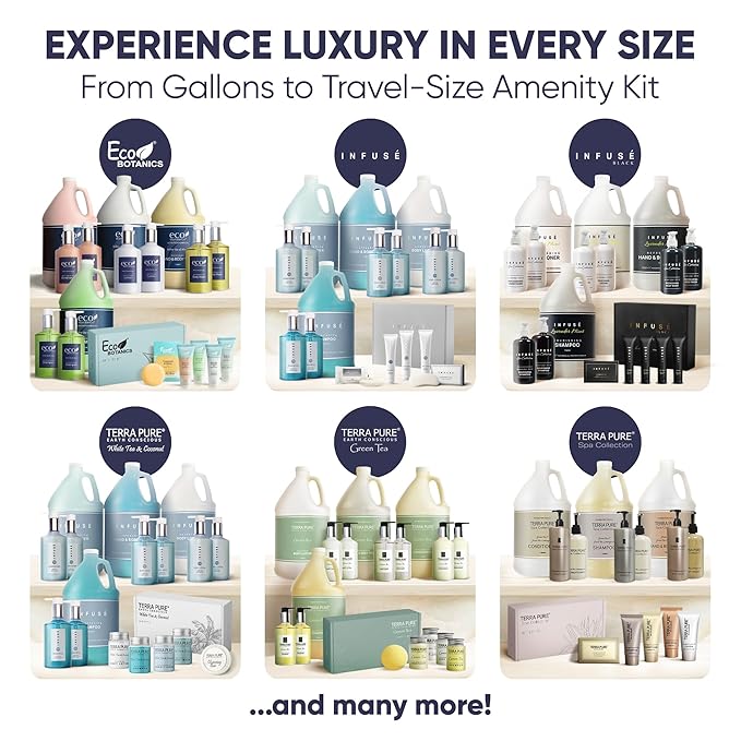 Terra Pure White Tea & Coconut Amenity & Accessory Kit |1oz Travel Size Shampoo, Conditioner, Lotion, Body Wash, 2 Cleansing Bars, Shave & Dental Sets, Make-Up Remover Wipes, & Vanity Kit | 15 Boxes