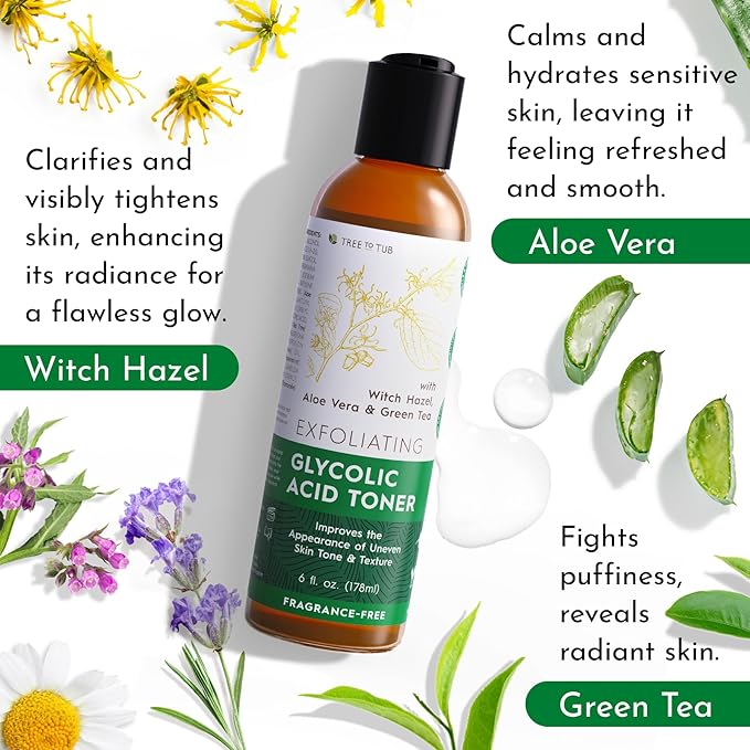 Tree To Tub Glycolic Acid Toner for Face w/Witch Hazel & Hydrating Aloe Vera for Smooth Skin - Minimizes Appearance of Fine Lines & Brightens - Vegan Exfoliating Toner for Women & Men