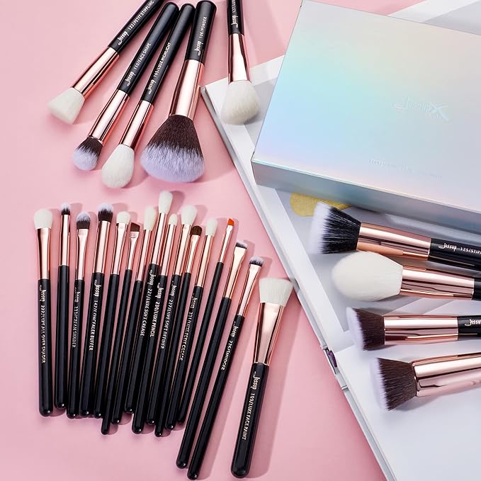 Jessup Brand 25pcs Professional Makeup Brush Set Beauty Cosmetic Foundation Powder Blusher Eyeshadow Blending Natural-Synthetic Hair Brushes Set (Black/Rose Gold)