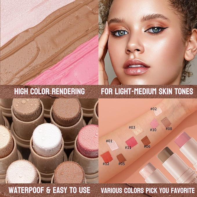 3Pcs Contour Stick Set，3 Colors Contour Stick Makeup Set， Long-Lasting Waterproof Concealer Stick Kit，Cream Blush & Highlighter Bronzer Pen (SET-B)