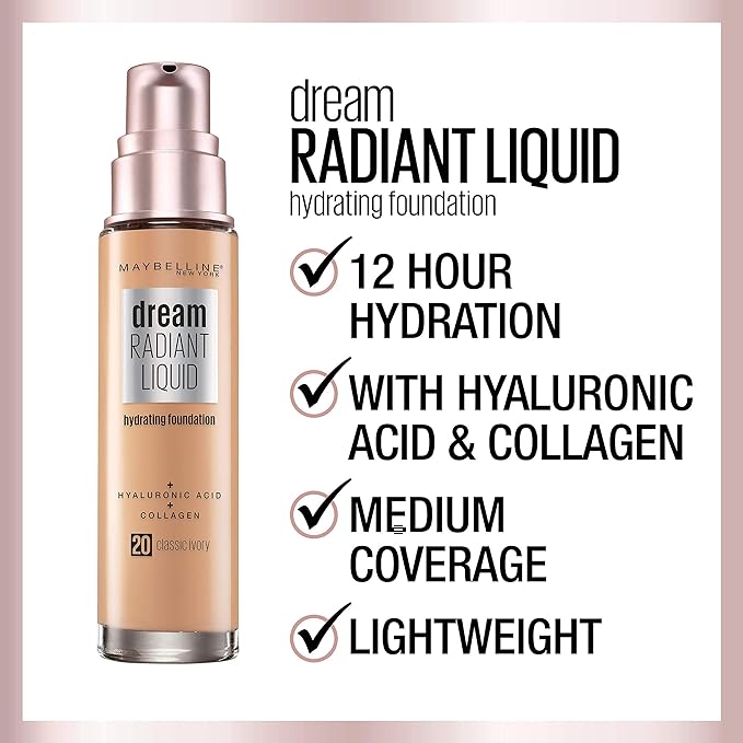 Maybelline Dream Radiant Liquid Medium Coverage Hydrating Makeup, Lightweight Liquid Foundation, Java, 1 Count