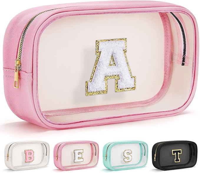 YOOLIFE Graduation Teacher Gifts Initial Clear Makeup Bag Birthday Gift Travel Toiletry Preppy Cosmetic Bags Birthday Gift for Girls Kids Travel Essentials Clear Toiletry Bag A