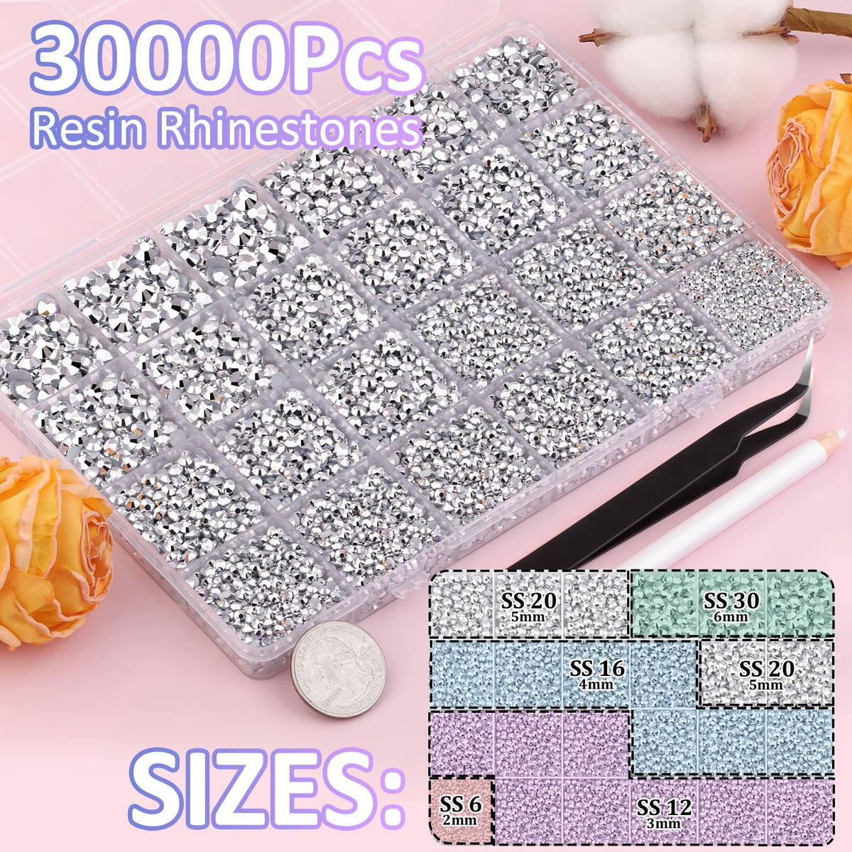 30000Pcs Silver Rhinestones for Bedazzling with B7000 Jewelry Glue, Bedazzler Kit Flatback Gems, Resin Rhinestones for Crafting Crafts Clothing Shoes Fabric Nail Art Assorted Size 2/3/4/5/6mm