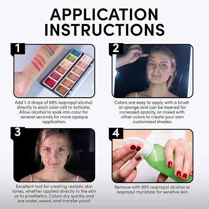 12-Color Flesh Tone Alcohol-Activated Palette, Tattoo Cover, Highly Pigmented Professional SFX Makeup for Film, Theatre, TV