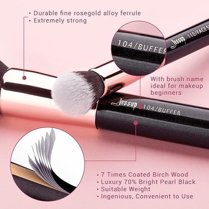 Jessup Makeup Brushes, Labeled Makeup Brush Set Premium Synthetic and Natural Hair Foundation Powder Concealer Eyeshadow Blending 15pcs Brush Kit, Rose Gold/Black T160