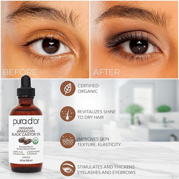 PURA D'OR 4 Oz ORGANIC Jamaican Black Castor Oil - Natural Smoky Scent - w/ 2 BONUS Empty Brushes - 100% Pure USDA Certified Cold Pressed & Roasted, Hexane Free Eyelash & Eyebrow Serum