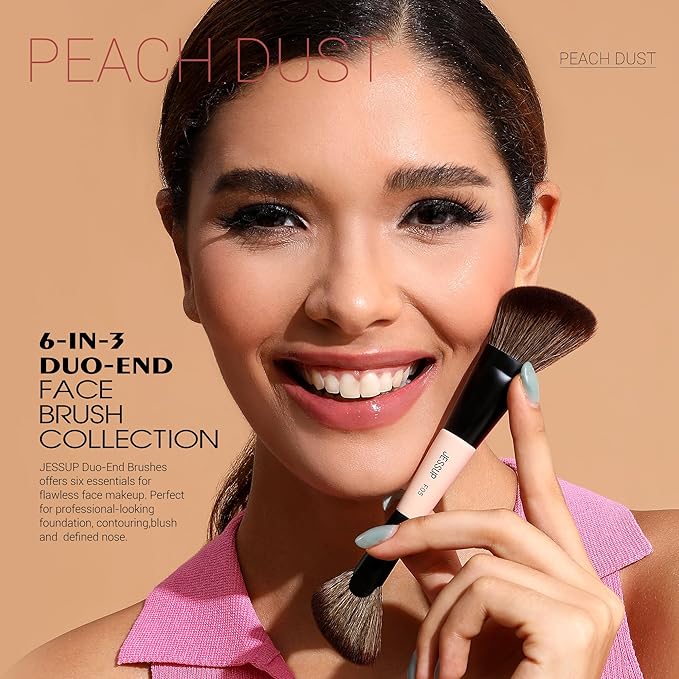 Jessup Face Makeup Brushes 3pcs Double Ended Makeup Brush Set for Foundation Contour Blush Highlight and Powder, Premium Synthetic Make up Brushes Peach Dust T508