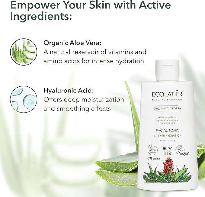 Organic Aloe Vera Facial Toner - 98% Natural Ingredients - Intense Hydration, Hyaluronic Acid, 98% Natural, Vegan - Deep Moisture, Refreshes, and Revitalizes The Skin - 8.5 Fl Oz / 250ml