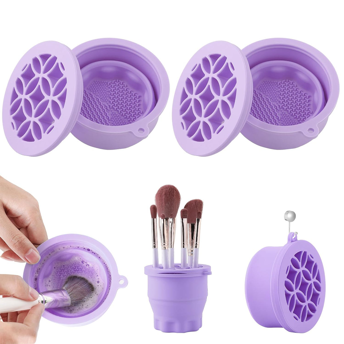 Makeup Brush Cleaner - Foldable Silicone Makeup Brush Cleaner Mat with Brush Storage Holder Makeup Brush Cleaning Bowl Cosmetic Brush Washing Tool for Cleaning Organizer and Drying (Purple and Purple)