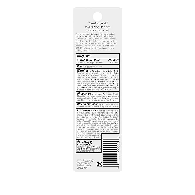 Neutrogena Revitalizing and Moisturizing Tinted Lip Balm with Sun Protective Broad Spectrum SPF 20 Sunscreen, Lip Soothing Balm with a Sheer Tint in Color Healthy Blush 20, .15 oz