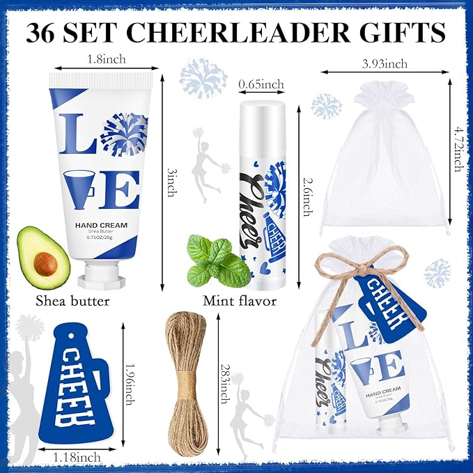 144 Pcs Blue Cheer Favors Natural Bulk Lip Balm and Hand Cream Set, Include 36 Lip Balm 36 Moisturizing Hand Cream 36 Bags 36 Card and Rope cheer accessories for Team Sports Party Supplies