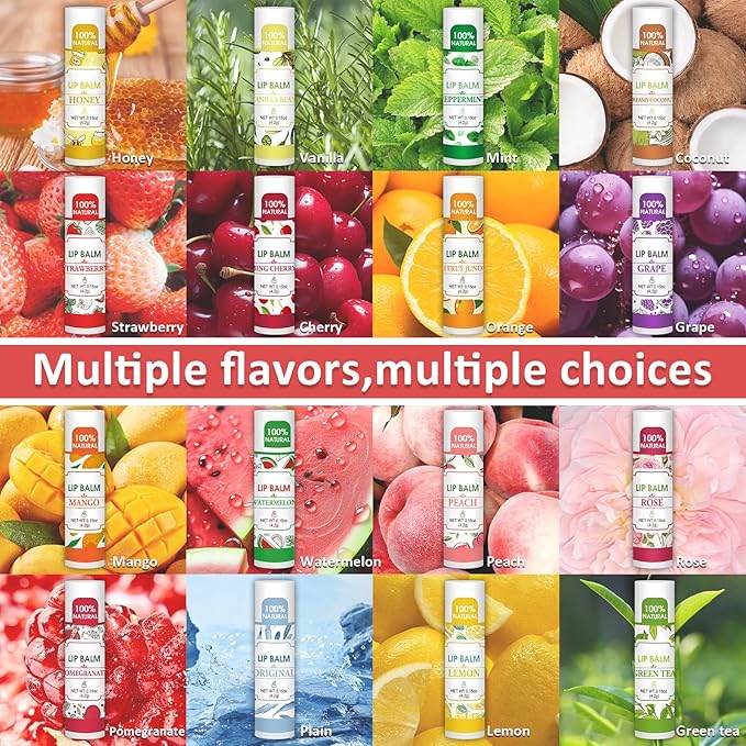 64 Pack Lip Balm, Natural Lip Balm Bulk with Vitamin E and Coconut Oil, Hydrating Lip Balm for Dry Lips, Bulk Lip Balm for Stocking Stuffers - 16 Flavors