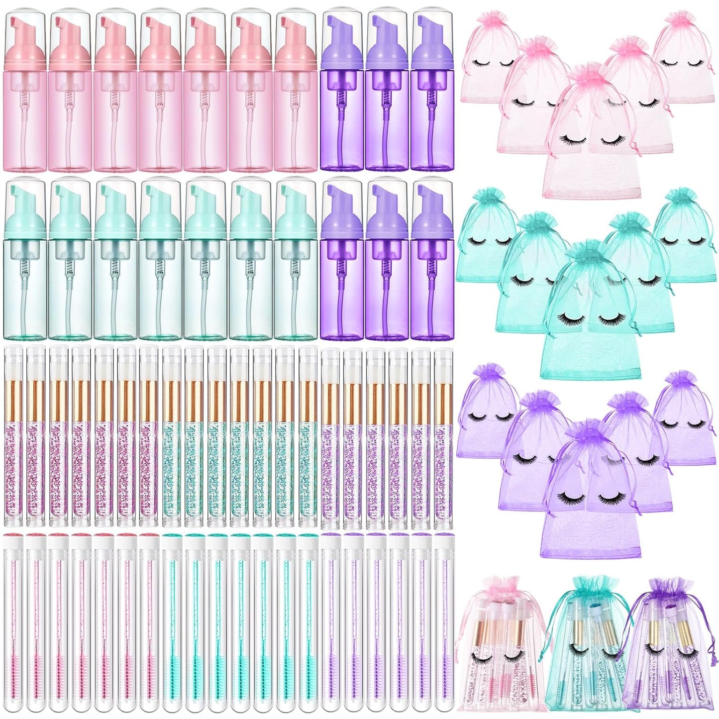 Zhehao 80 Pcs Lash Shampoo Bottle Brushes Kit 20 Foam Pump Dispensers 20 Lash Shampoo Brushes 20 Eyelash Aftercare Bag 20 Cleaning Pipes, Eyelash Extension Supplies (Mixed Colors)