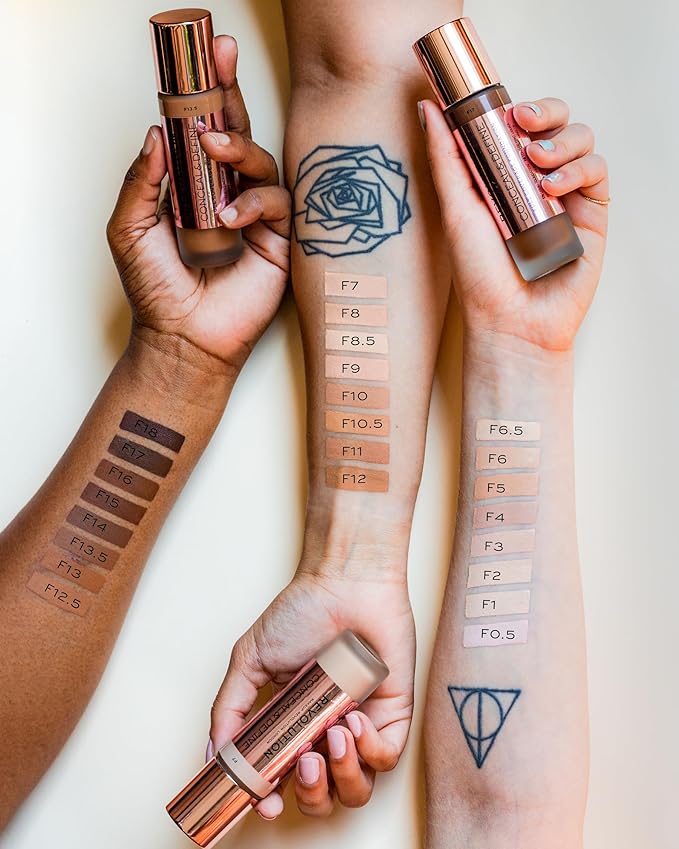 Revolution Beauty, Conceal & Define Foundation, Full Coverage, Long-Lasting Matte Finish, Vegan & Cruelty Free, F11 Medium to Dark Skin Tones, 0.8 Fl.Oz.