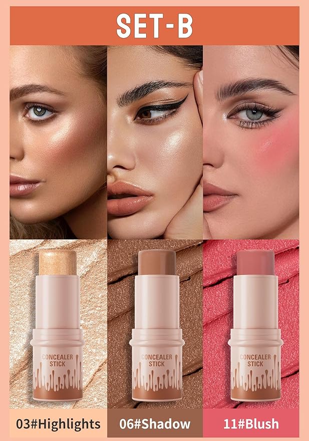 3Pcs Contour Stick Set，3 Colors Contour Stick Makeup Set， Long-Lasting Waterproof Concealer Stick Kit，Cream Blush & Highlighter Bronzer Pen (SET-B)
