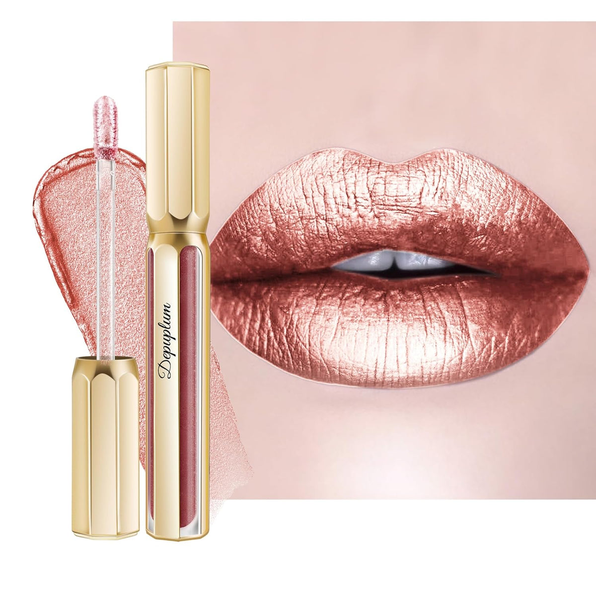 Nude Lipsticks for Women Metallic Lipstick Long Lasting Non Stick Cup Lip Gloss, Metal Shine Lightweight Hydrating Full Coverage Lip Color, DP101 Halo