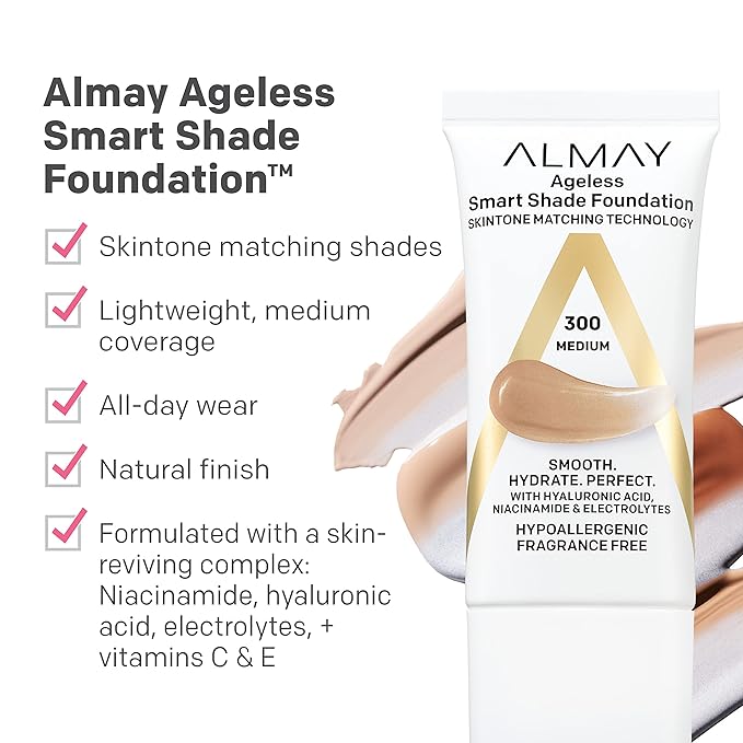 Almay Anti-Aging Foundation, Smart Shade Face Makeup with Hyaluronic Acid, Niacinamide, Vitamin C & E, Hypoallergenic, -Fragrance Free, 400 Beige, 1 Fl Oz (Pack of 1)