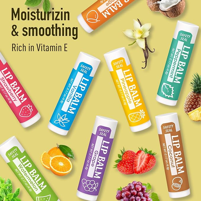 Lip Balm, 8 Pack Natural Bulk with Vitamin E & Coconut Oil, Moisturizing Dry Cracked Lips Protection, 8 Flavors - Stocking Stuffers