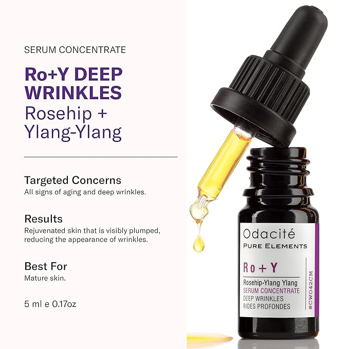 Odacité Anti Aging Serum Concentrate with Rosehip + Ylang-Ylang - Lightweight Facial Serum For Mature Skin, Fine Lines, Nourishes for Look of Plump, Youthful Skin - 0.17 Fl. Oz