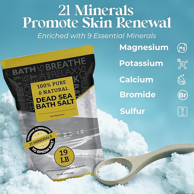 Aromasong Dead Sea Salt - Spa Bath Salt - 19 Lbs Fine Grain Bulk - 100% Pure - Better Absorbing Than Epsom Salt - Soak for Women & Men for Skin Issues and to Relax Tired Muscles - Resealable Pack.