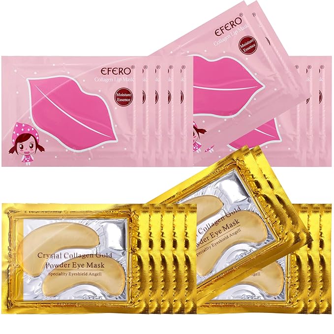 20 Pack Collagen Crystal Lip Masks, Gold Under Eye Masks Set Natural Moisturizing Gel Anti-Aging Anti Chapped Hydrating Reducing Puffiness Dark Circles and Wrinkles Lip Eye Pads for Women Men