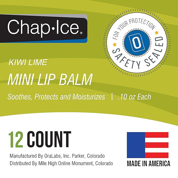 Chap-Ice® | 12-Count Mini Kiwi Lime Lip Balm | Lip Balm Pack Fortified with Vitamin E for Dry, Cracked Lips | Made in USA | 12-Count Mini Lip Balm with Kiwi Lime Flavor (0.10oz/3g Each)