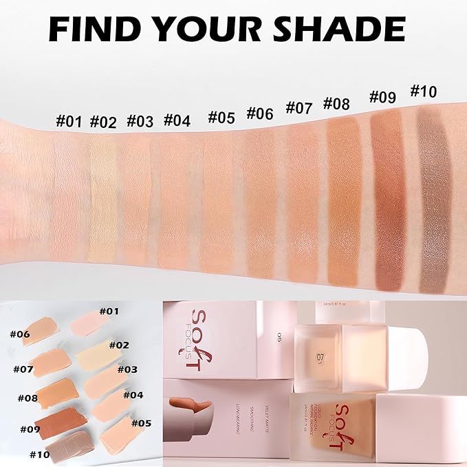 Soft Focus Deep Liquid Concealer Foundation, Lightweight Hydrating High Coverage, 24h Longwearing, No Touch-ups, Even Tone & Blurs, Waterproof Matte Finish Liquid Concealer for Women, 09