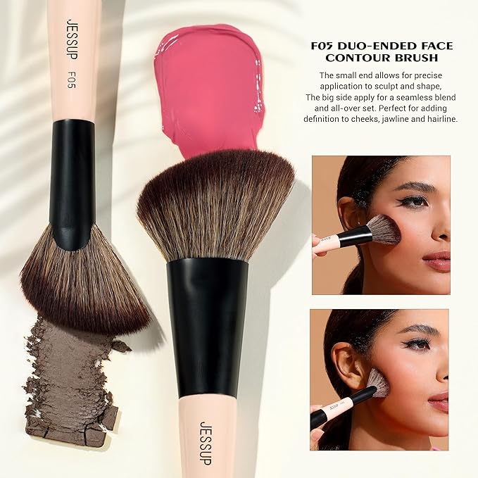 Jessup Face Makeup Brushes 3pcs Double Ended Makeup Brush Set for Foundation Contour Blush Highlight and Powder, Premium Synthetic Make up Brushes Peach Dust T508