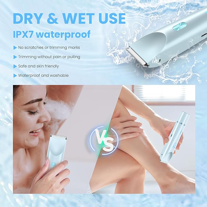 Bikini Trimmer for Women-2 in 1 Electric Razors for Women,USB Rechargeable Bikini Electric Shaver,IPX7 Waterproof Dry & Wet Use Body Hair Trimmer and Facial Hair Remover for Underarm Leg Body,Blue